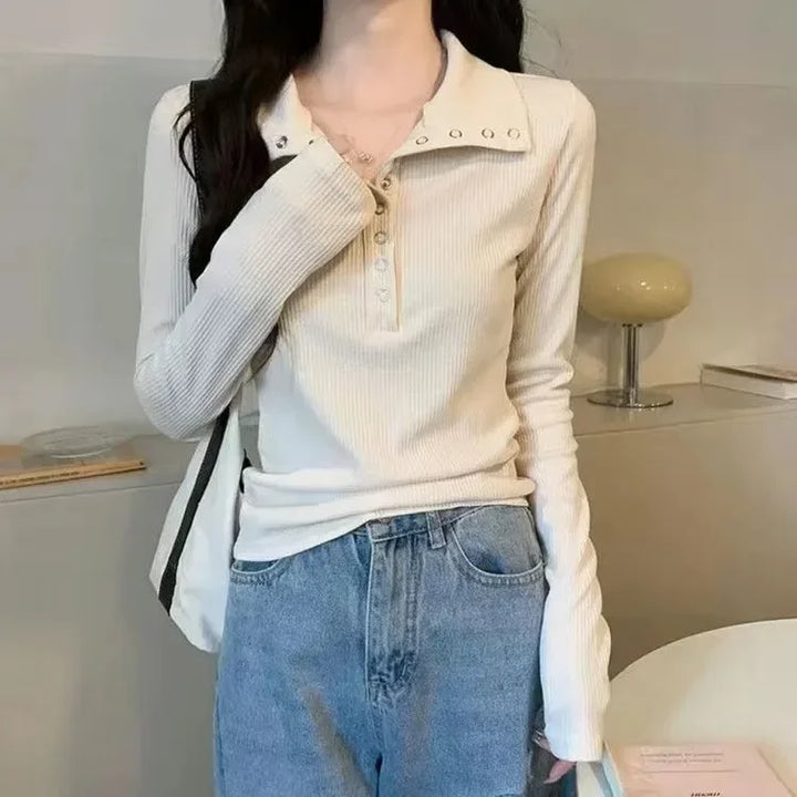 Light cream ribbed knit long-sleeve shirt with studded collar and button front