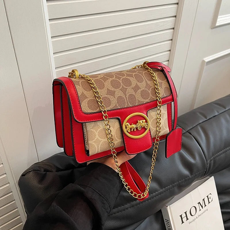 Glam Pop PU Leather Handbags With Gold Hardware & Chain