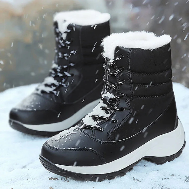 Women's lace-up winter snow boots, black with white sole and plush cuff trim