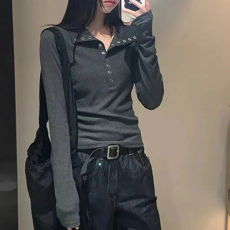 Dark grey ribbed knit long-sleeve shirt with studded collar, button placket, and slim fit