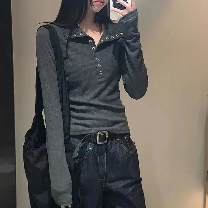 Dark grey ribbed knit long-sleeve shirt with studded collar, button placket, and slim fit
