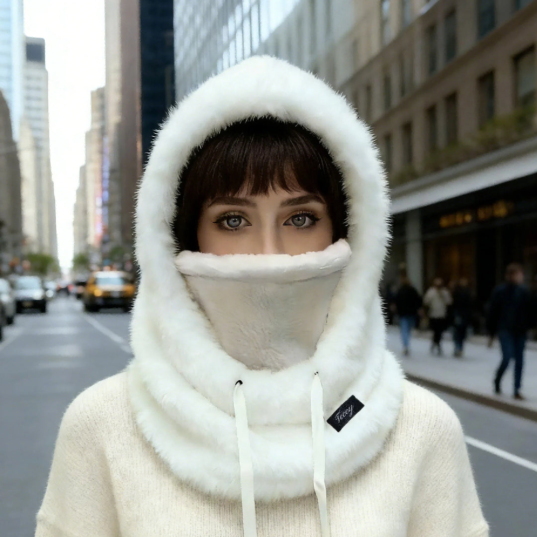 White plush hood beanie with padded face cover and adjustable drawstring ties