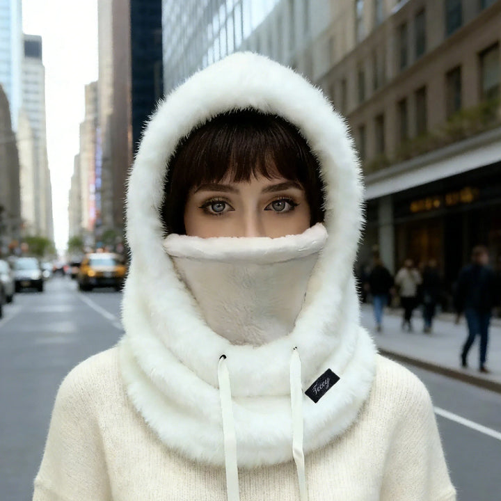 White plush hood beanie with padded face cover and adjustable drawstring ties