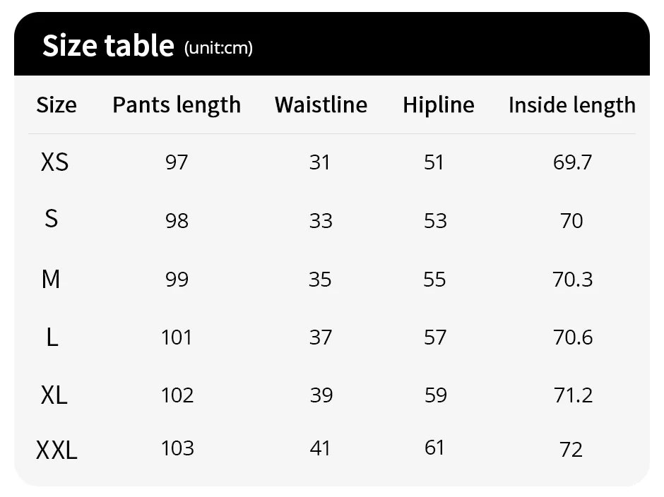 Size chart table: pants length, waistline, hipline, inside length