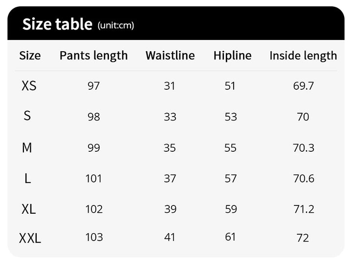 Size chart table: pants length, waistline, hipline, inside length