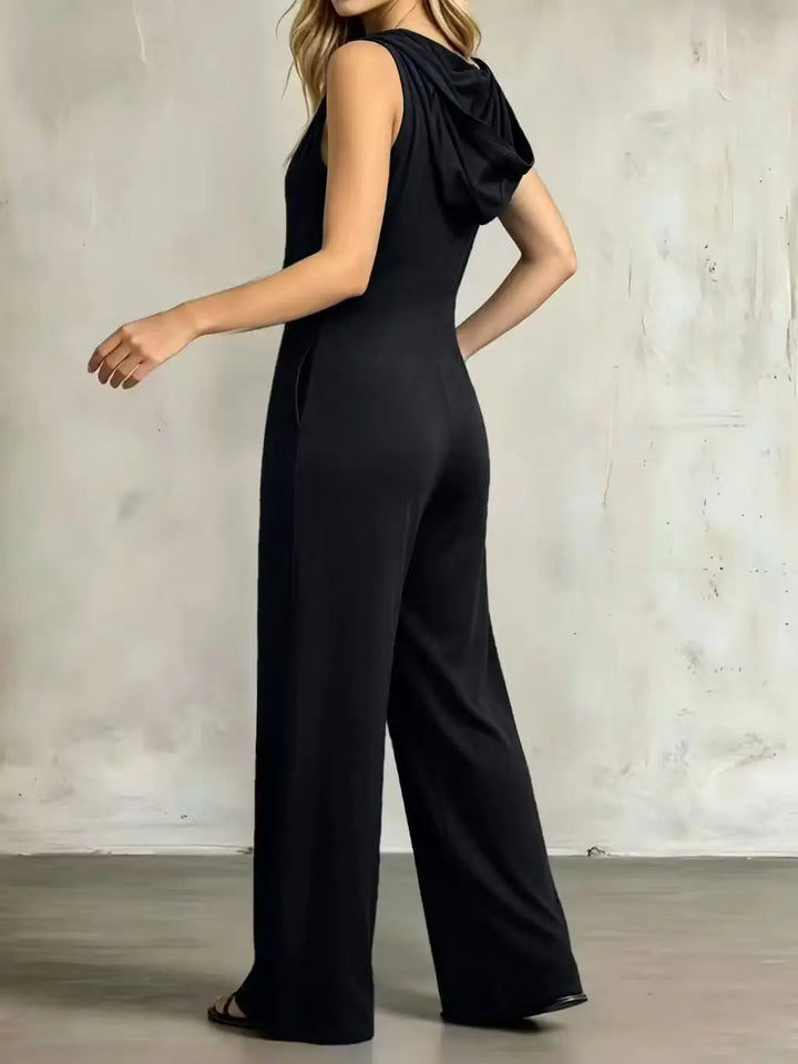 Women's sleeveless V-neck wide-leg jumpsuit, black solid color