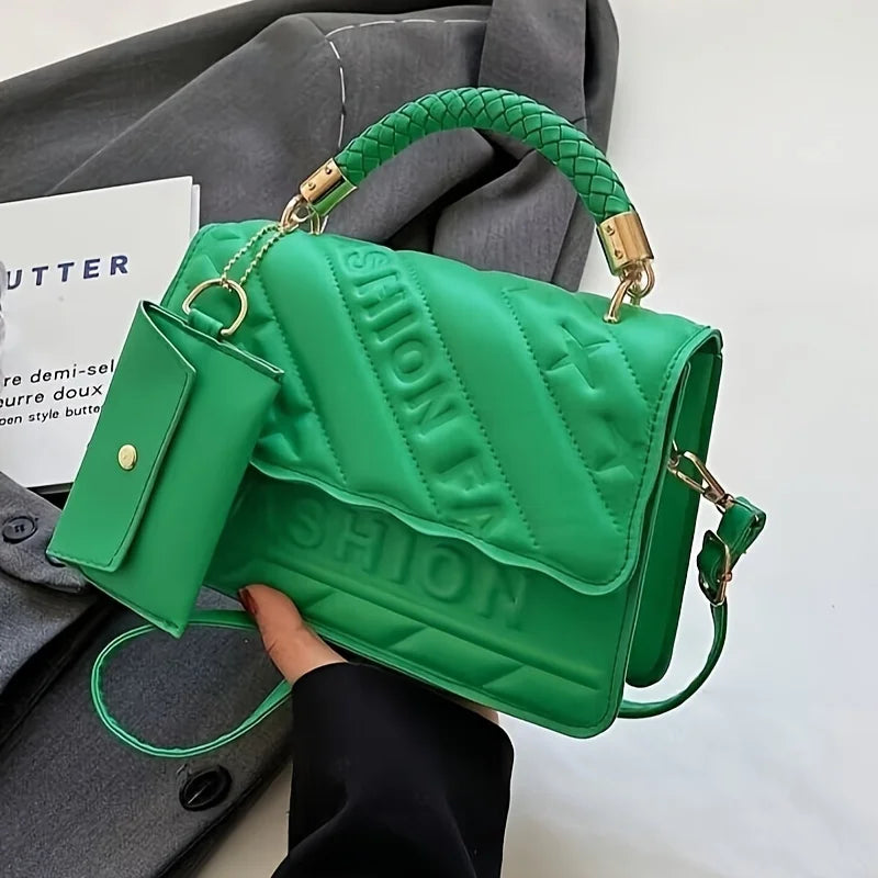 Women’s quilted crossbody bag in green with braided strap and mini coin pouch