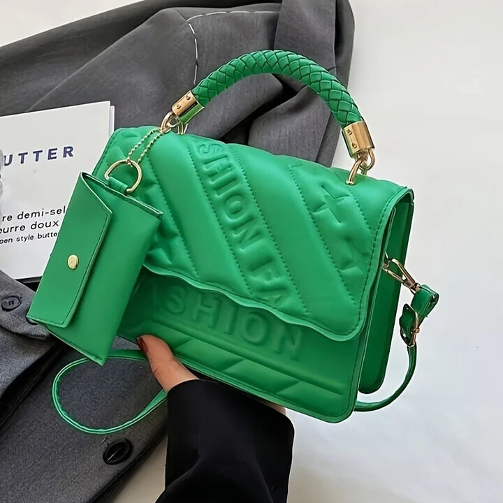 Women’s quilted crossbody bag in green with braided strap and mini coin pouch