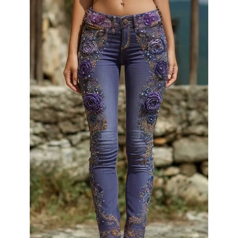 Purple denim jeans with high waist and straight legs, rose applique patches with gold trim