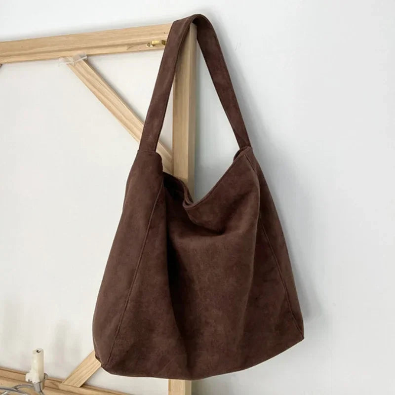 Dark brown suede-look underarm tote bag with long handles and open top
