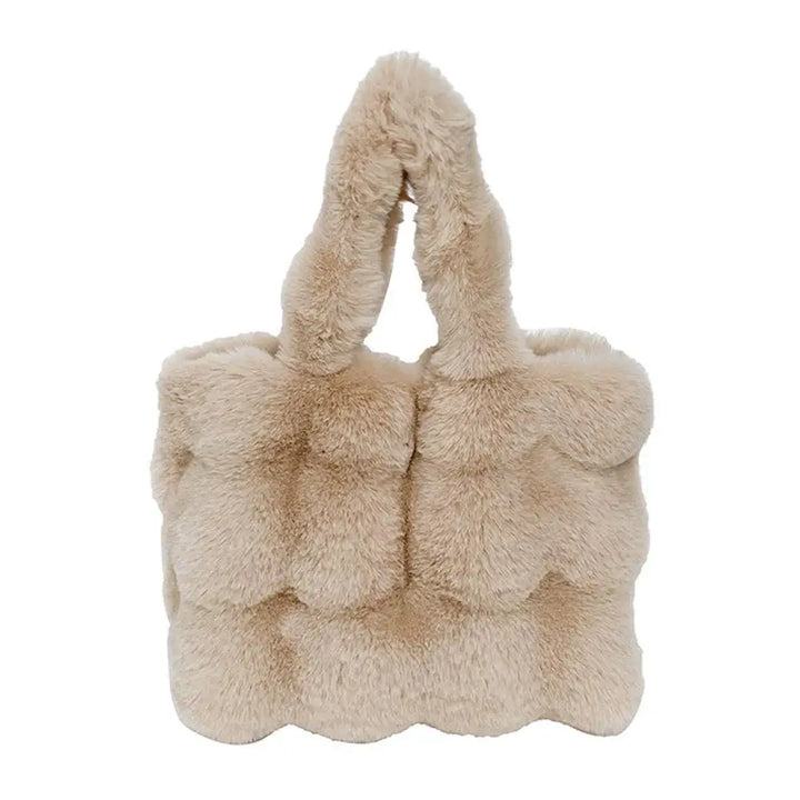 Beige plush faux fur bucket handbag with short loop handles