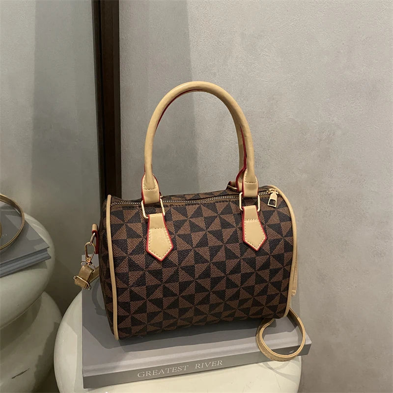 Coffee-brown geometric triangle PU handbag with top handles and side crossbody strap