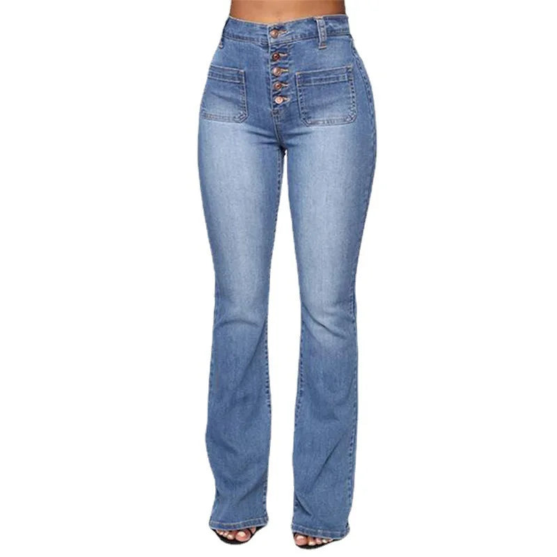 Light blue high-waist denim jeans with button fly and flap pockets