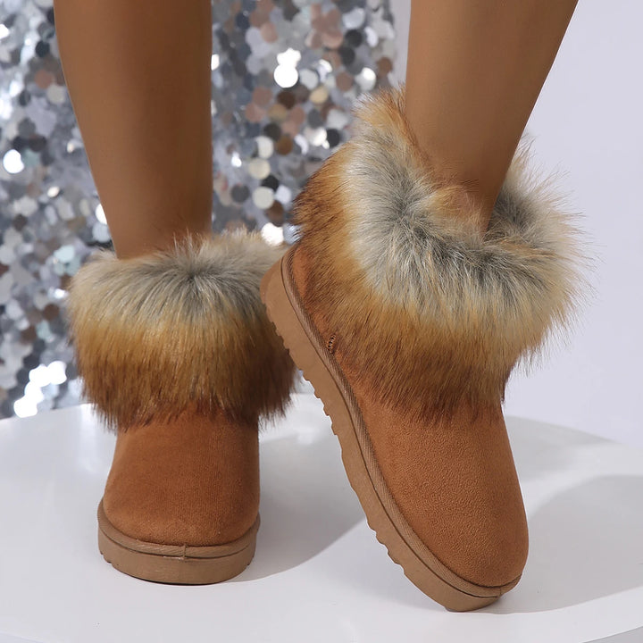 Women’s plush-lined suede platform boots in brown with faux fur cuff