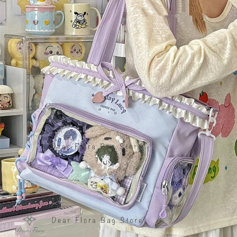 Y2K Lace Bow Transparent Tote — Sweet Lolita Patchwork Shoulder Bag With Insert