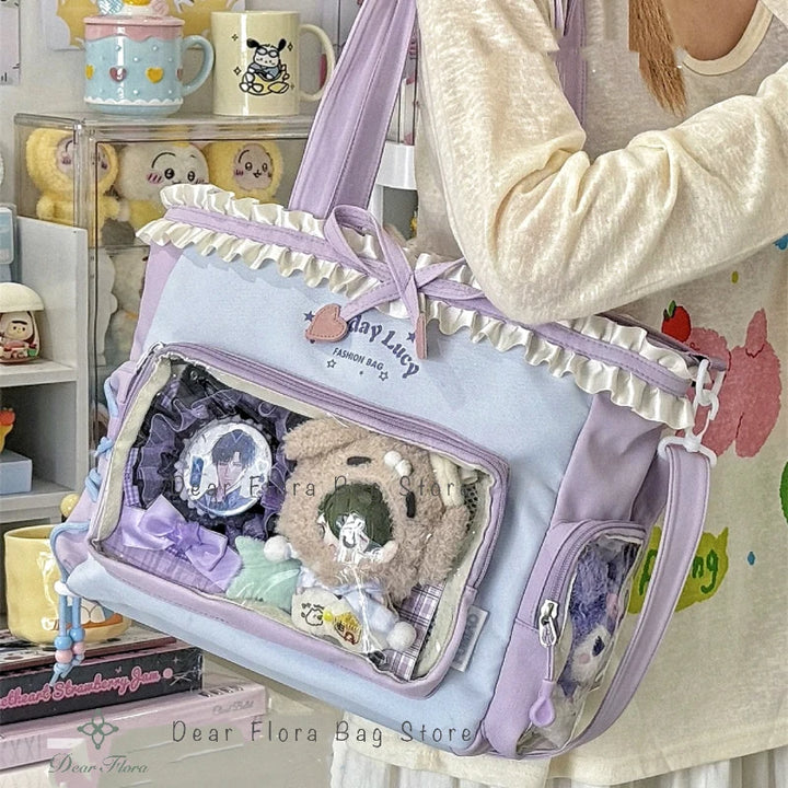 Y2K Lace Bow Transparent Tote — Sweet Lolita Patchwork Shoulder Bag With Insert