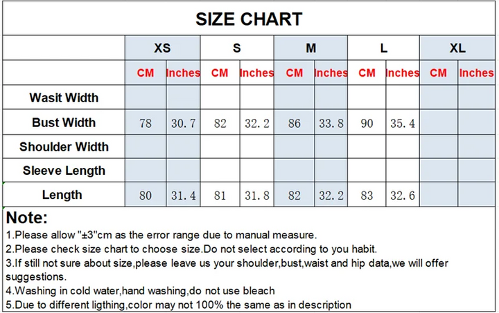 Size chart for clothing measurements in centimeters and inches