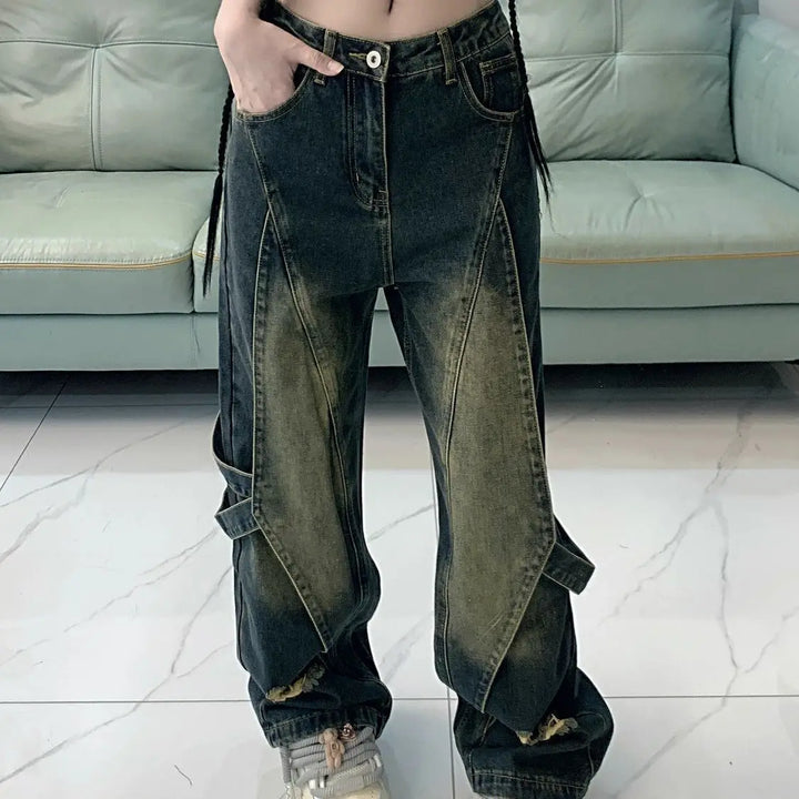 Washed Denim Ripped Baggy Cargo Low-waist Jeans