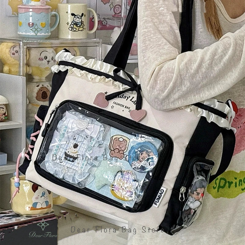 Y2K Lace Bow Transparent Tote — Sweet Lolita Patchwork Shoulder Bag With Insert