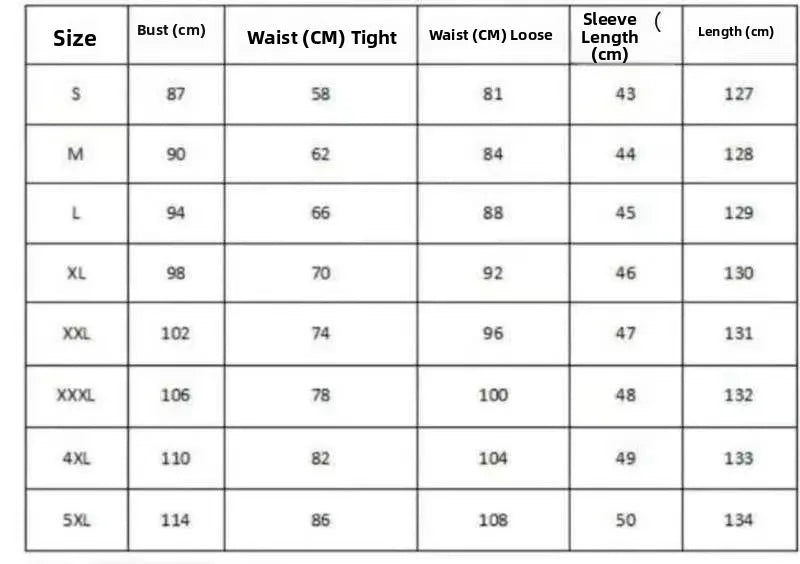 Size chart listing bust, waist (tight/loose), sleeve length, and dress length by size