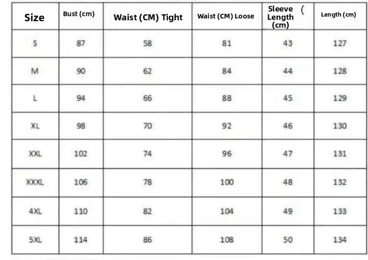 Size chart listing bust, waist (tight/loose), sleeve length, and dress length by size