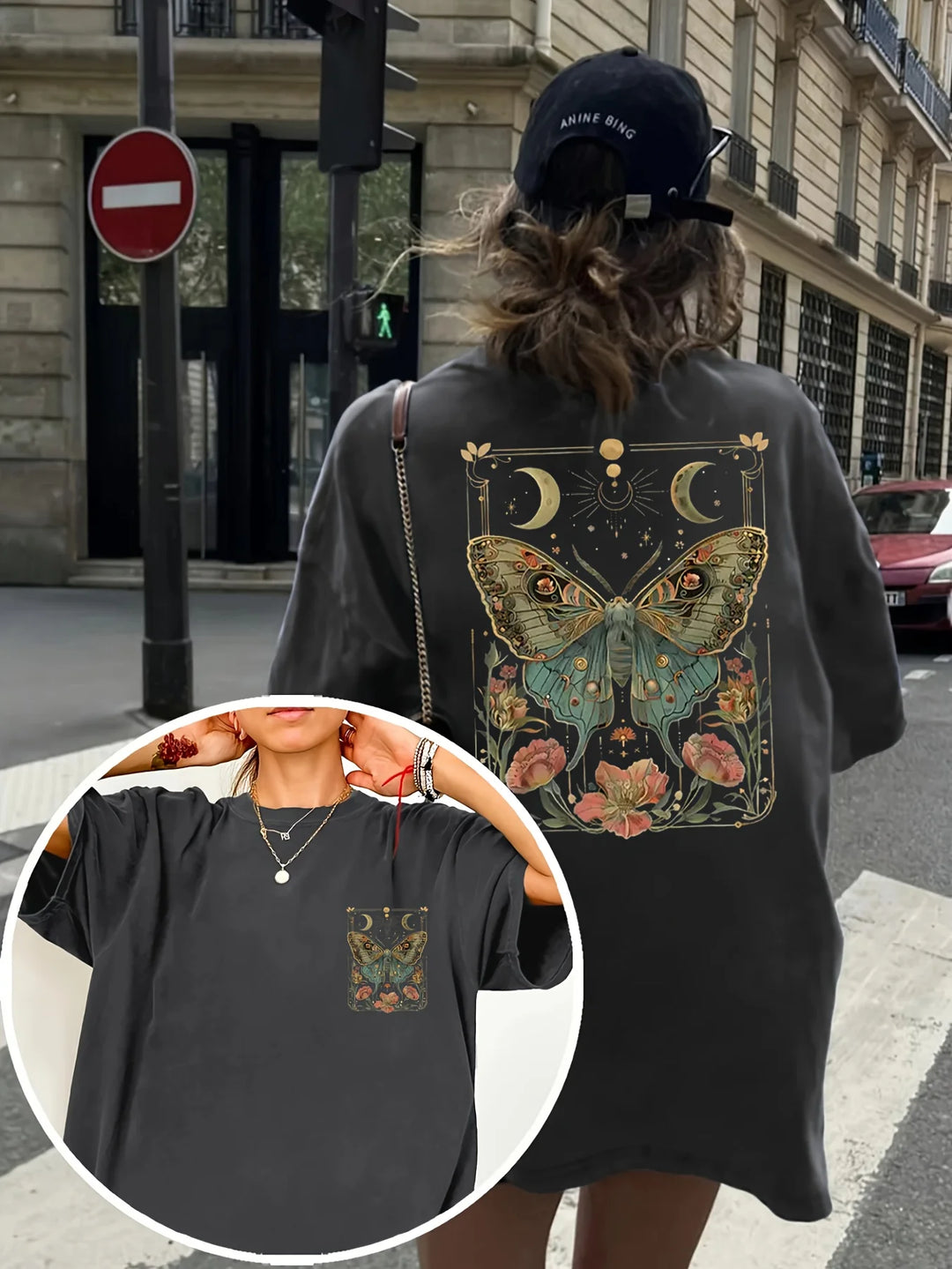 Black plus-size cotton T-shirt with butterfly, moon and flower print on back