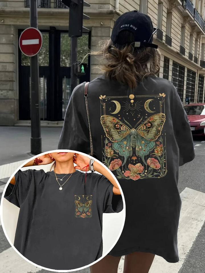 Black plus-size cotton T-shirt with butterfly, moon and flower print on back