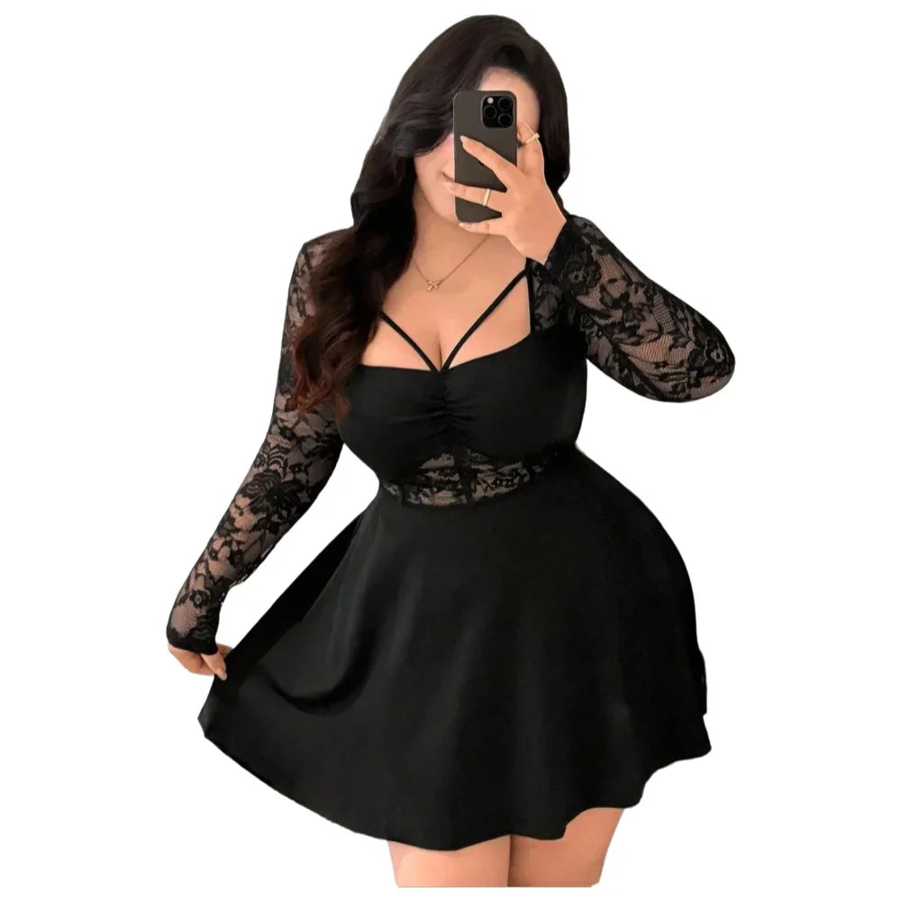 Black lace long sleeve flared mini dress with strappy V-neck front