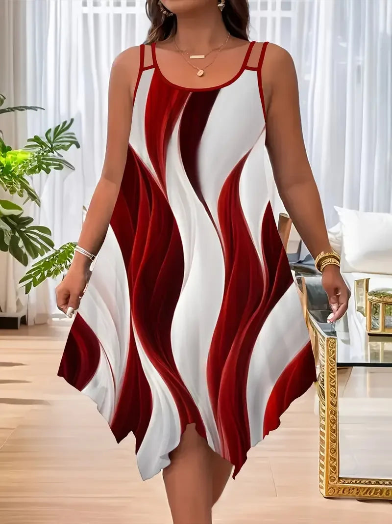 Woman wearing a red and white patterned dress in a home setting