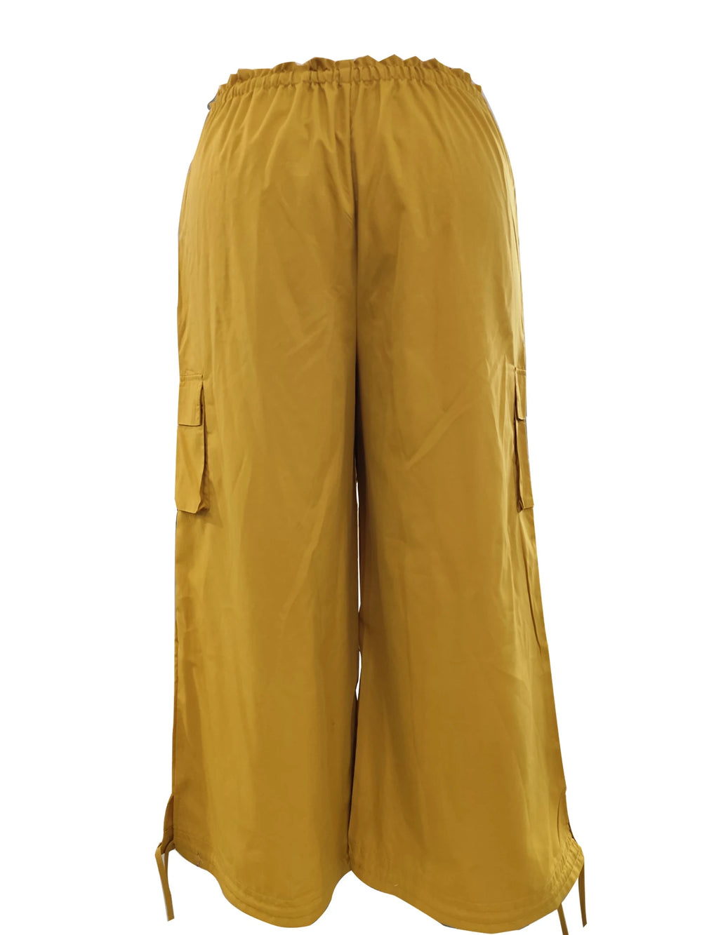 Ginger yellow cargo lantern pants shown from the front, with an elastic waist and side pockets