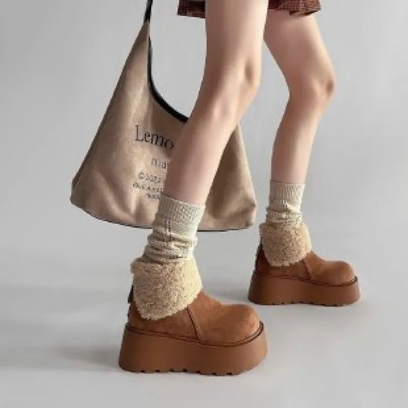 Women's suede platform snow boots with faux fur collar, tan with chunky sole