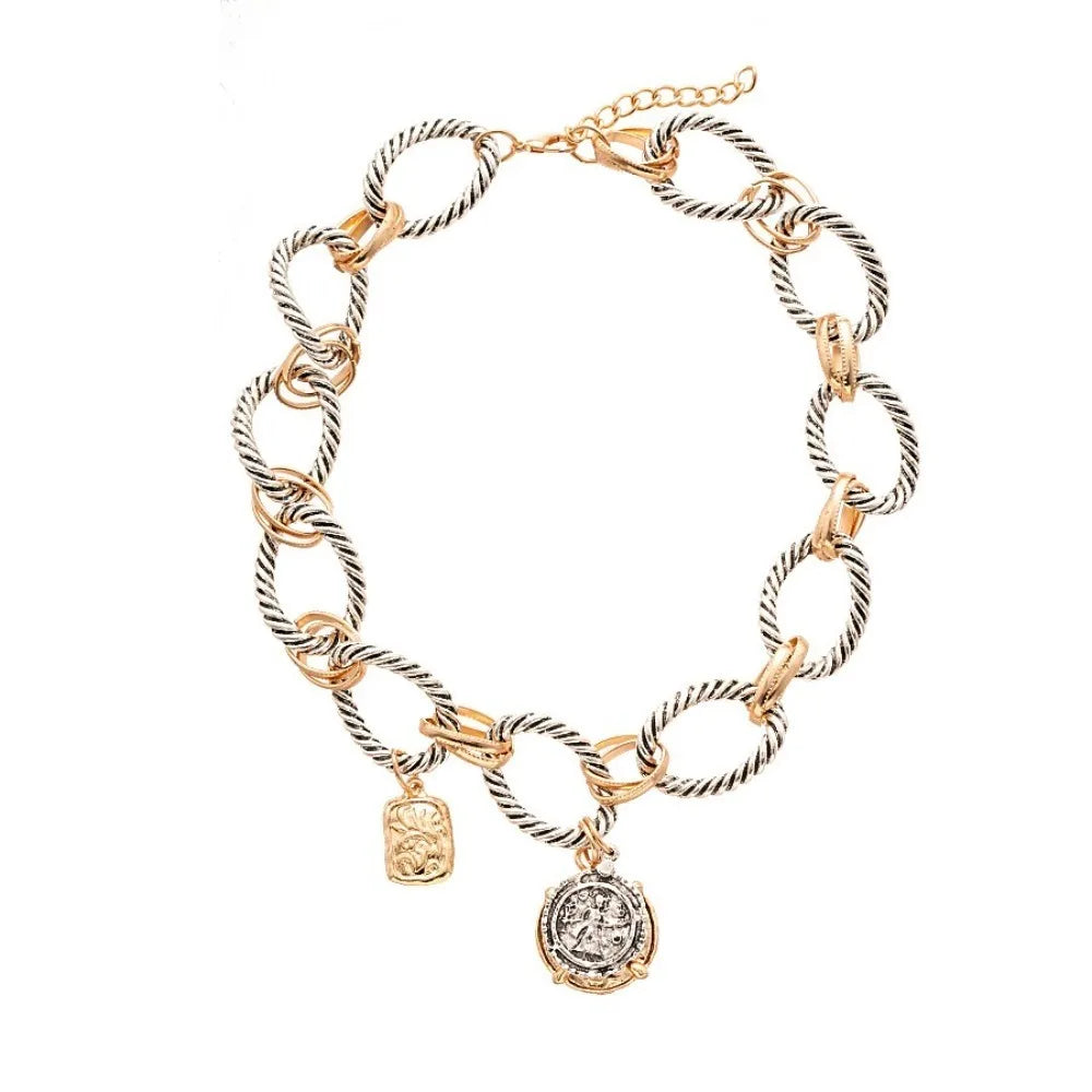 Twisted-link necklace with gold and silver tones and two dangling charm pendants