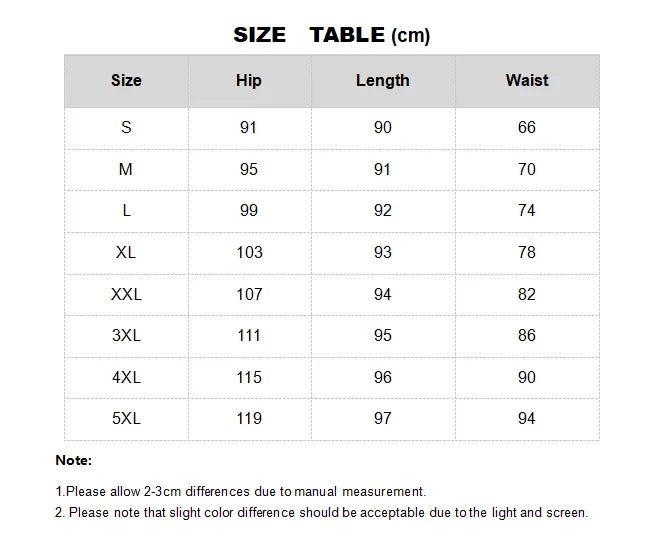 Women’s denim harem jeans size chart table with hip, length, and waist measurements