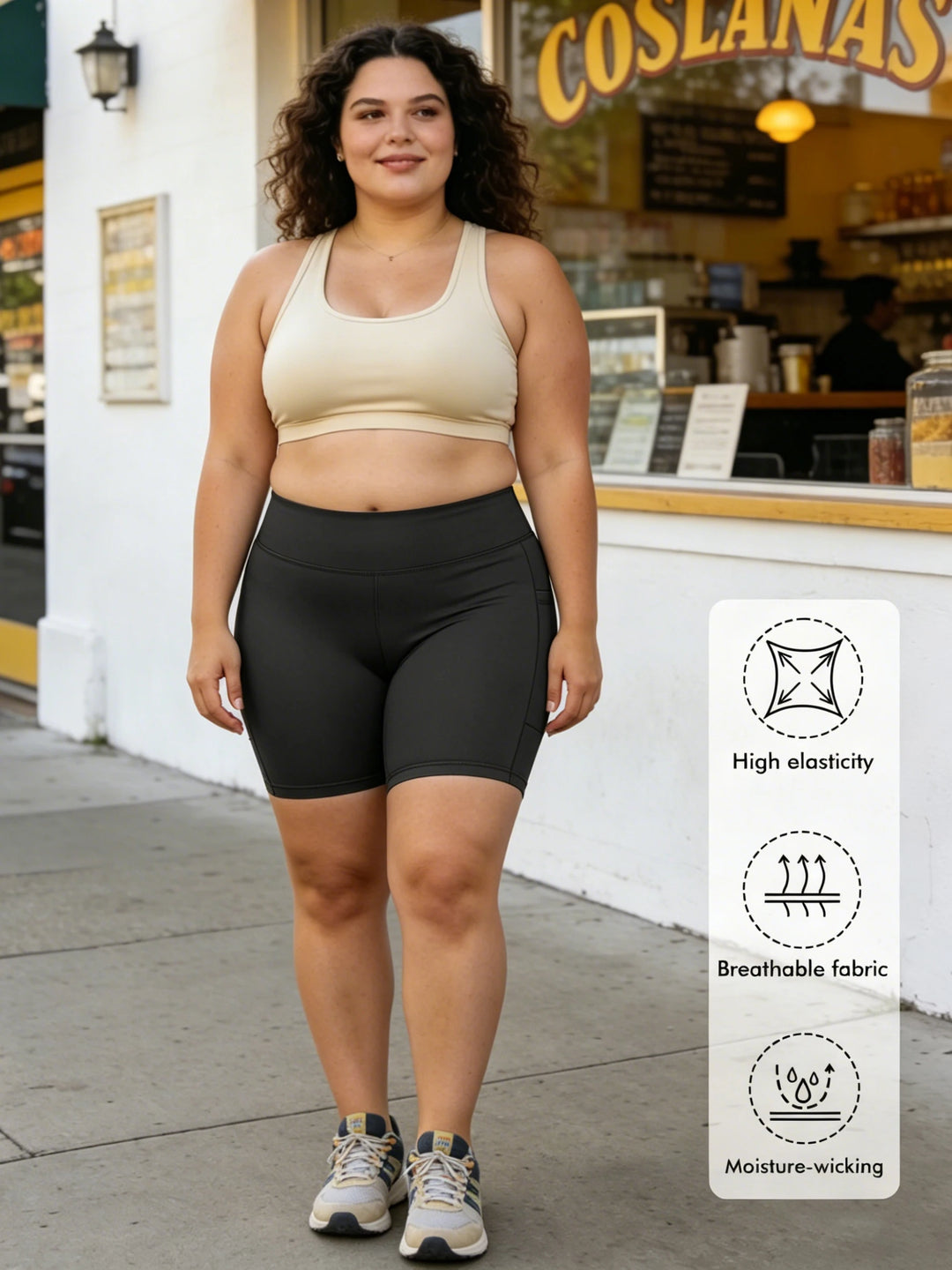 High-waist tummy control biker shorts, black, front view, stretch fabric