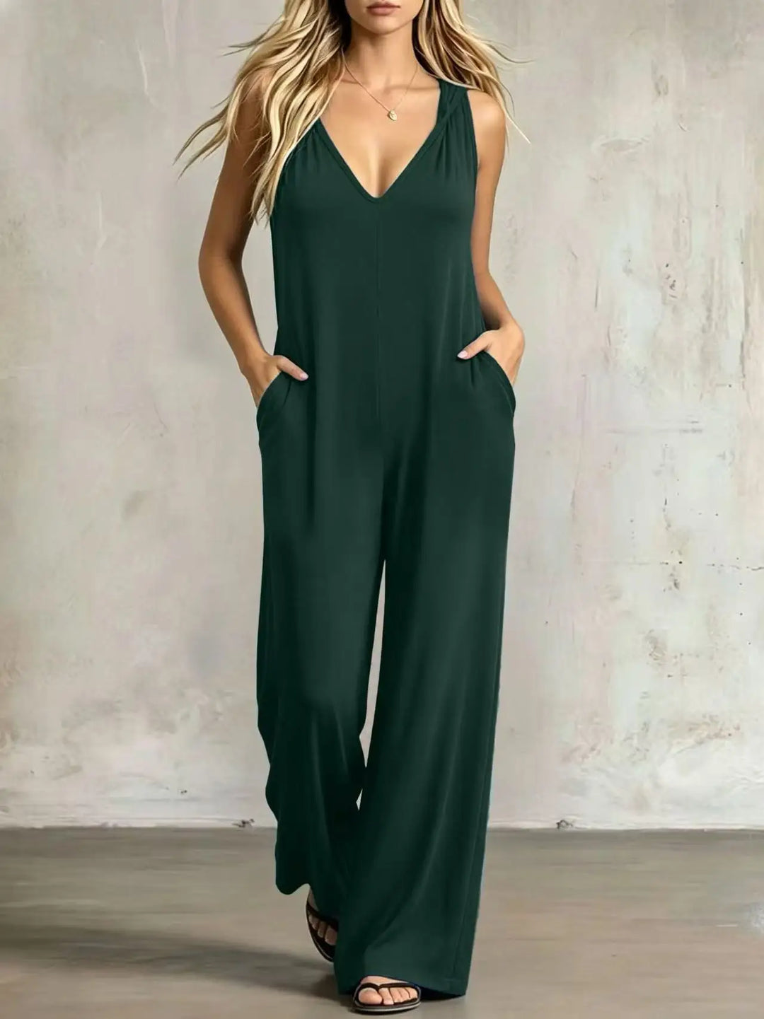 Women's sleeveless V-neck wide-leg jumpsuit, dark green solid color