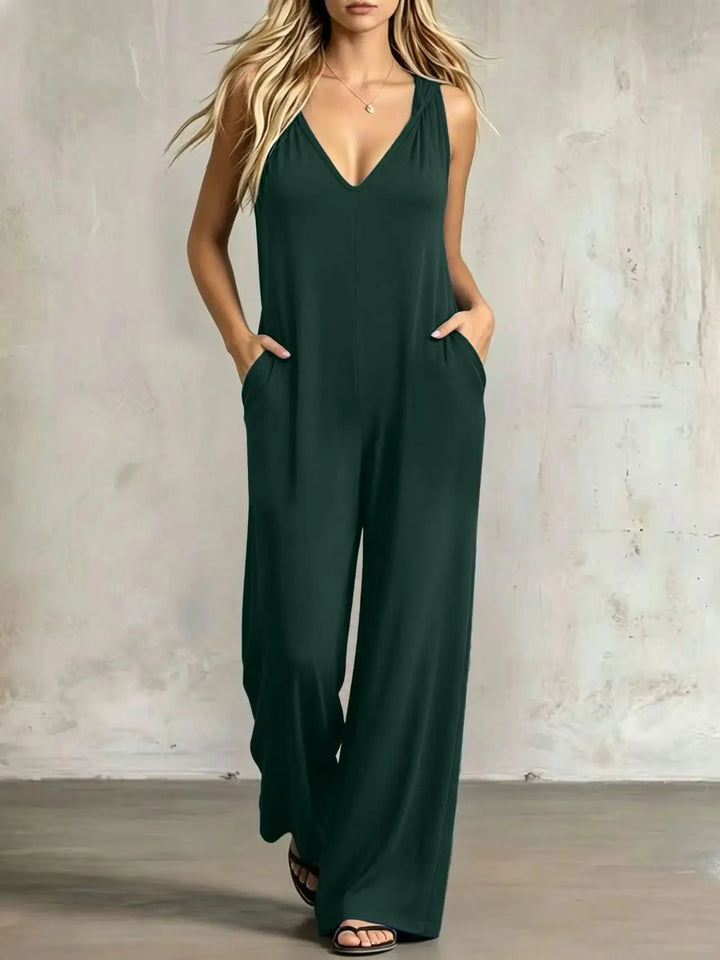 Women's sleeveless V-neck wide-leg jumpsuit, dark green solid color
