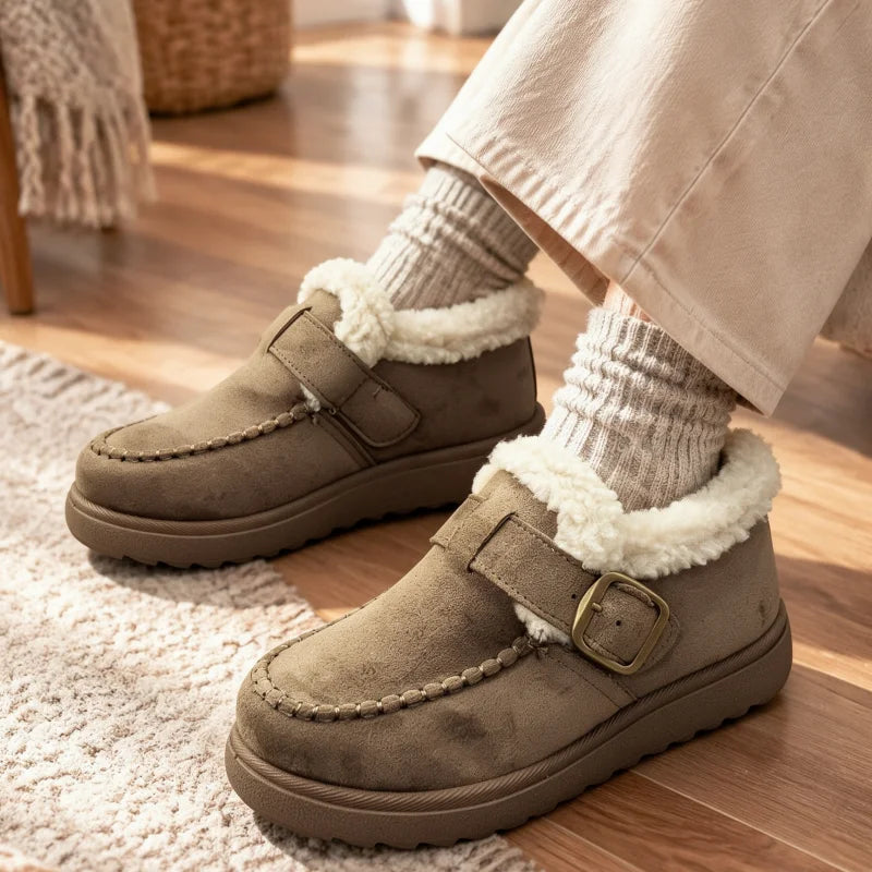 A person wearing taupe-brown suede slip-on moccasin-style slippers with white sherpa lining and a small gold-tone buckle, paired with cream socks and beige pants, standing on a wooden floor.