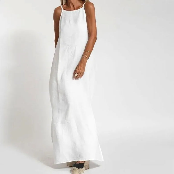 Women's Side Split Cotton Linen Summer Dress | Soft Neutral Tones