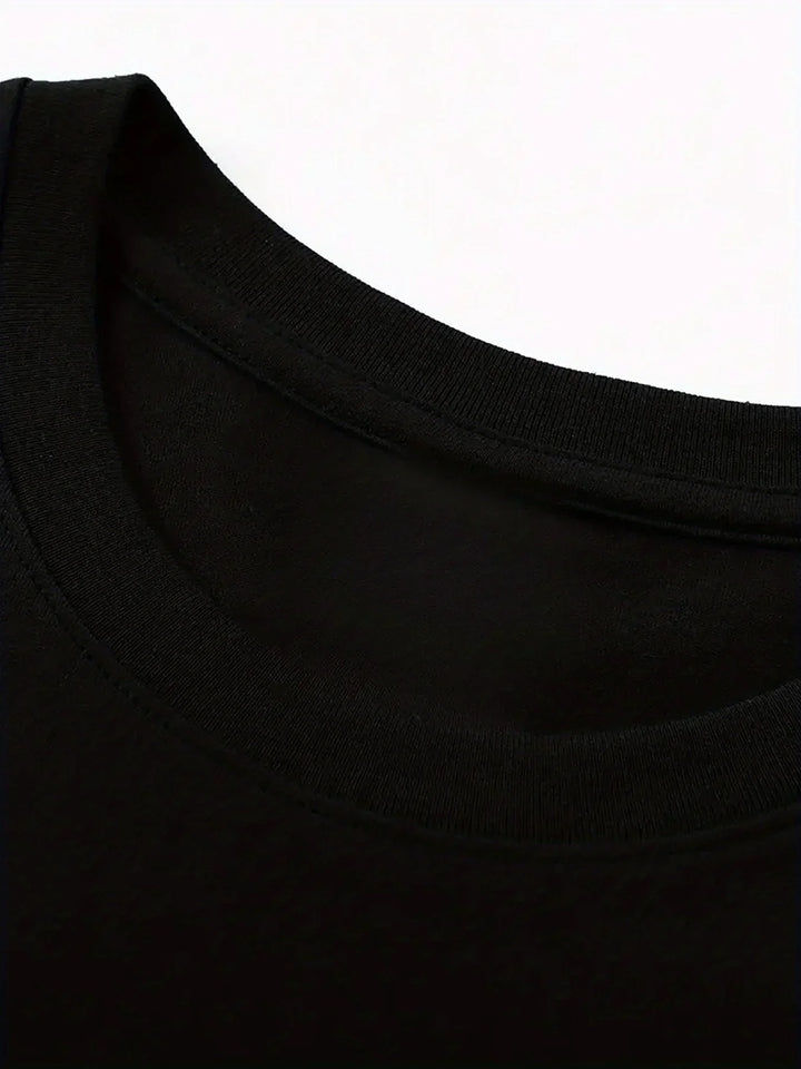 Black crewneck T-shirt neckline and short sleeves