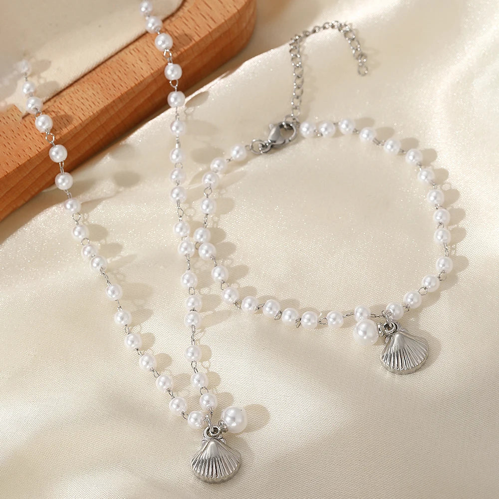 Dollish White Pearls & Seashell Pendant Jewelry Sets - Flossy Mom