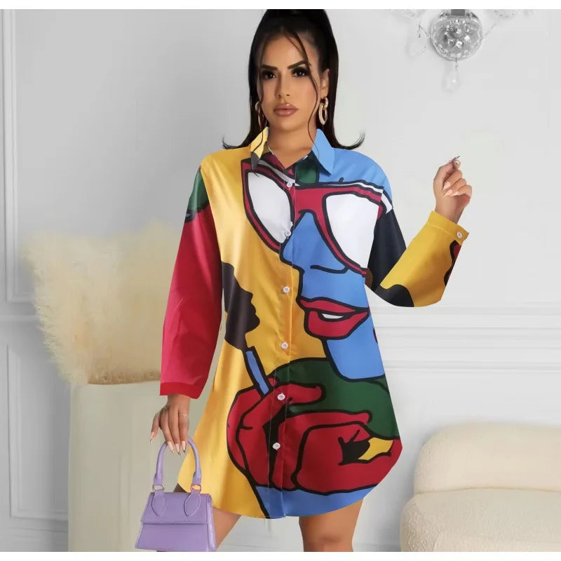 Woman wearing a colorful abstract-patterned dress holding a purple handbag.