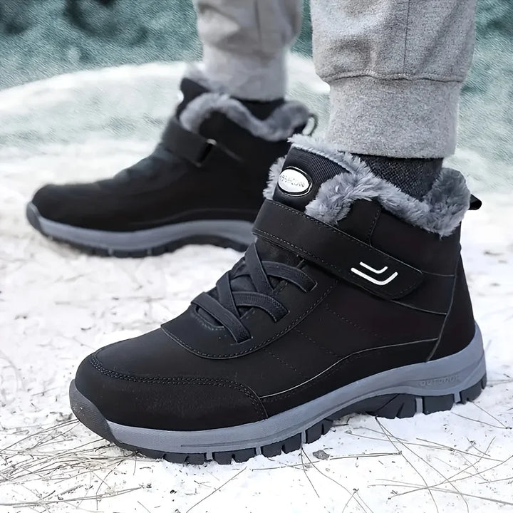 Black winter snow boots with plush collar and hook-and-loop strap, outdoor tread sole