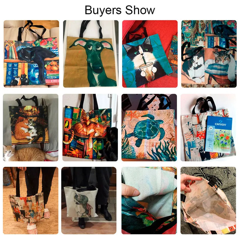 Printed linen shoulder tote bags collage, multicolor art designs with black handles
