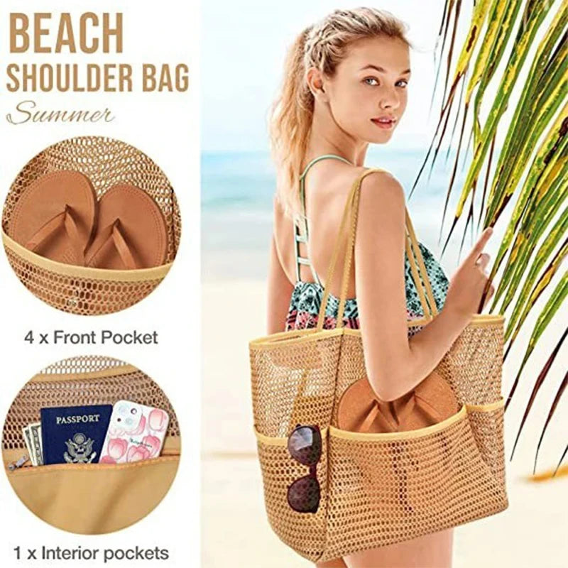 Mesh tote in tan with front mesh pockets and interior compartments