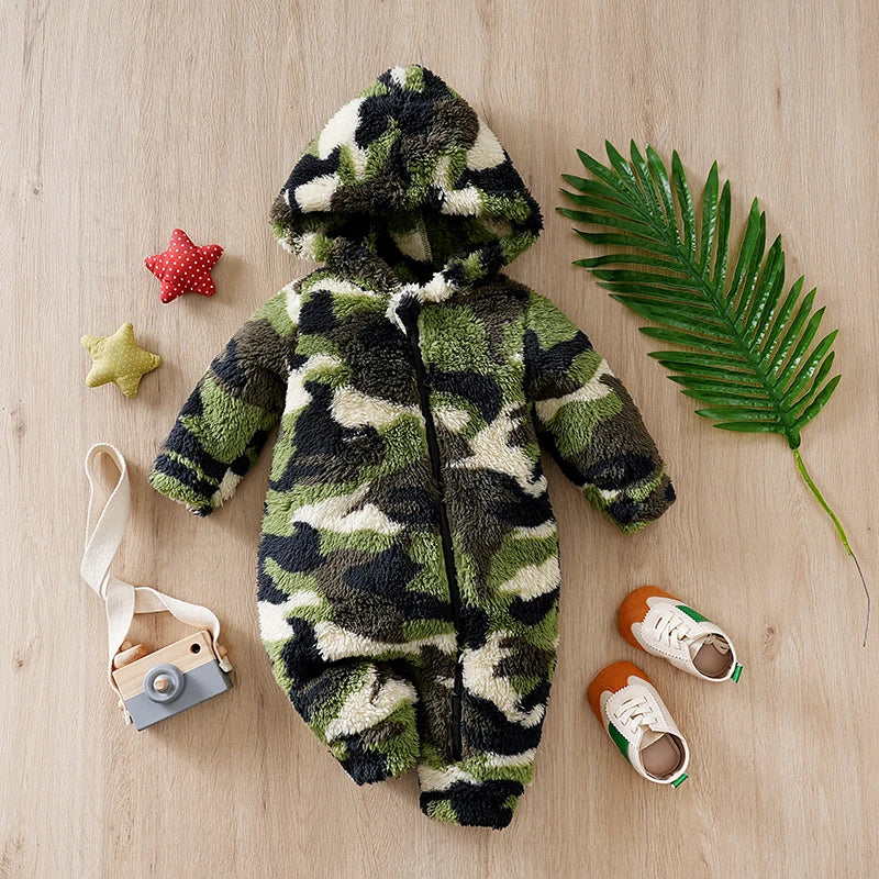 Warm Plush Hoodie Babies Camouflage Jumpsuits