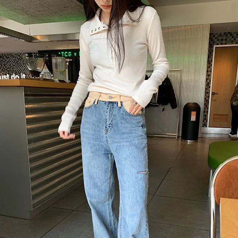 White fitted long-sleeve ribbed knit shirt with studded collar and button placket
