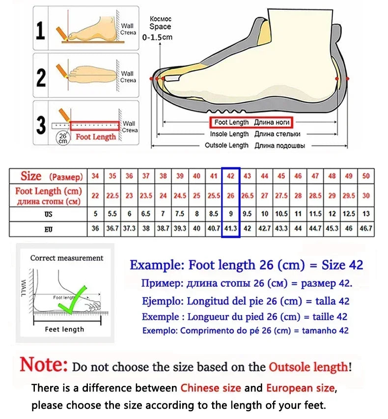 Foot measurement chart with instructions on how to measure foot length for shoe size determination.