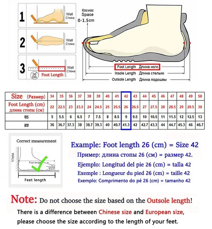 Foot measurement chart with instructions on how to measure foot length for shoe size determination.