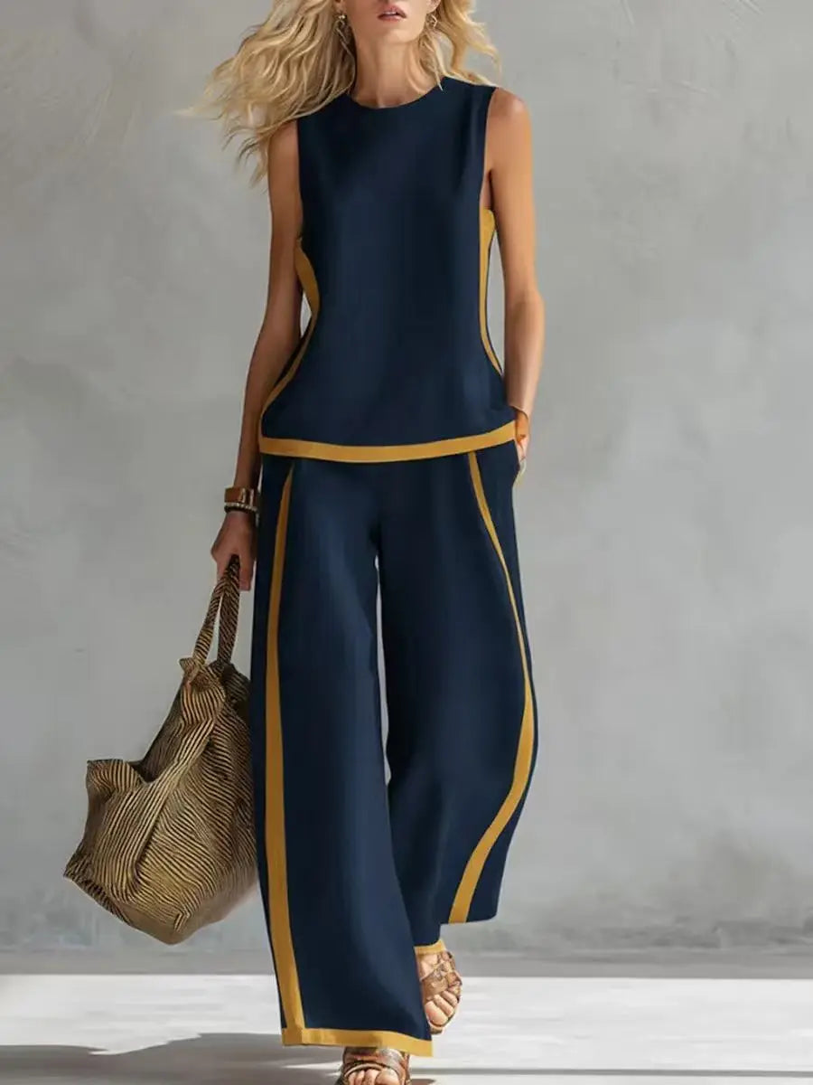 Navy sleeveless tank and wide-leg pants set with contrast yellow side piping.