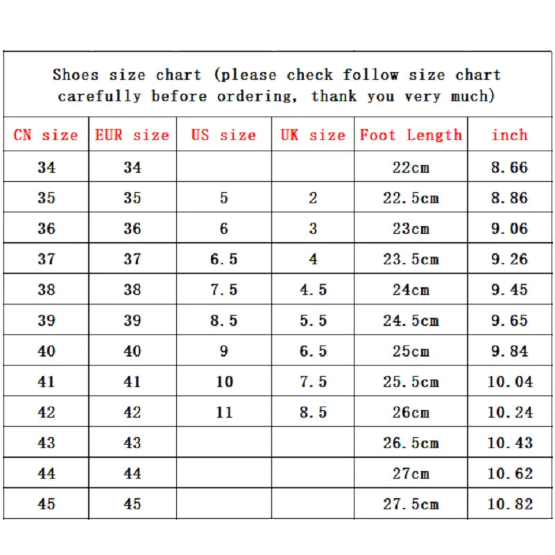 Shoe size chart: EUR 34–45 with foot length in cm and inches
